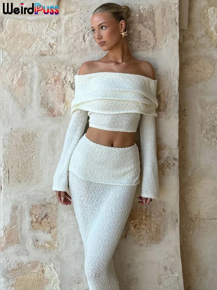 Weird Puss Elegant 2 Piece Set Women Chic Hairball Lapel Slash Neck Crop Top+Maxi Skirts Matching Autumn Trend Streetwear Suits Good Vibrations Adult Super Store