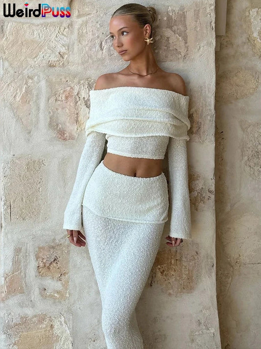 Weird Puss Elegant 2 Piece Set Women Chic Hairball Lapel Slash Neck Crop Top+Maxi Skirts Matching Autumn Trend Streetwear Suits Good Vibrations Adult Super Store