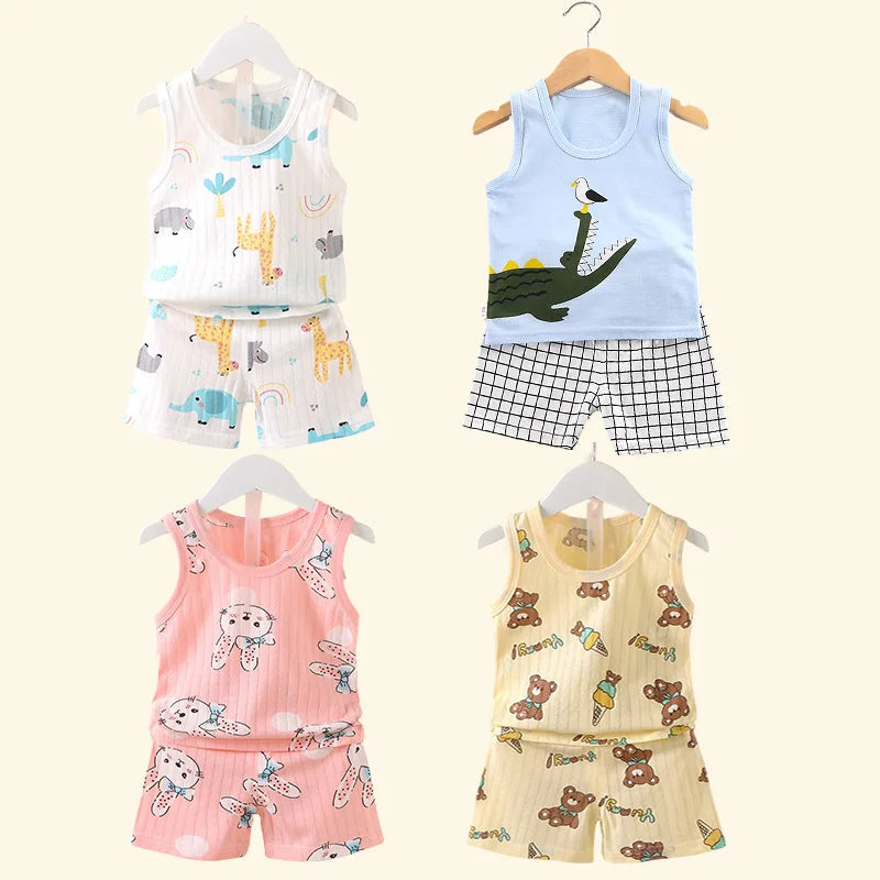 Children's Clothing Print Sleeveless Tops Shorts Cute Breathable Kids Summer Vest Shorts Set Tank Top for Baby Clothing Children Good Vibrations