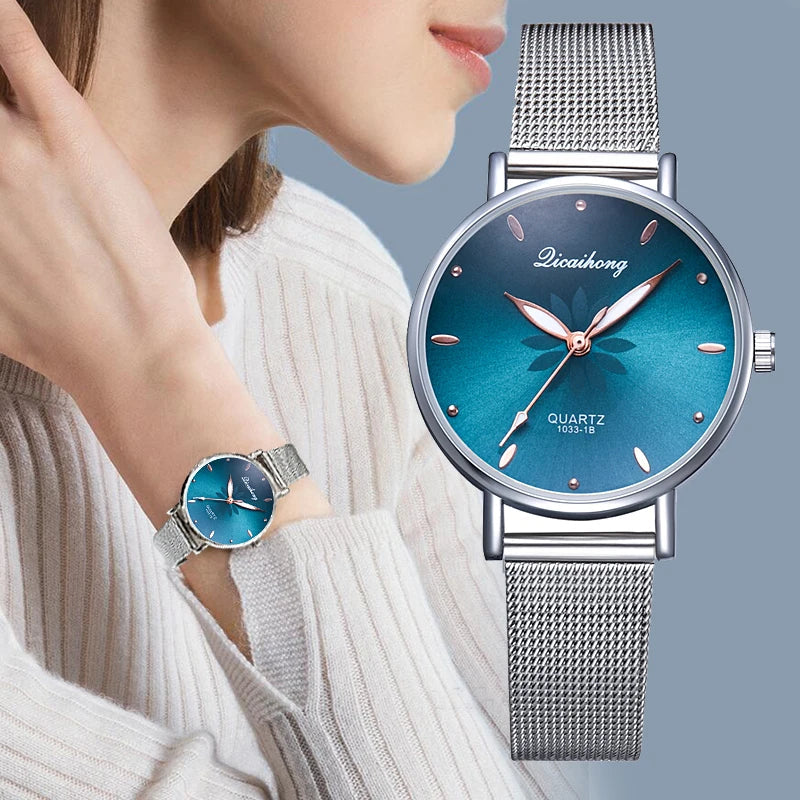 Watches For Women Luxury Silver Popular Pink Dial Flowers Metal Ladies Bracelet Quartz Clock Ladies Wrist Watch New Clock Good Vibrations