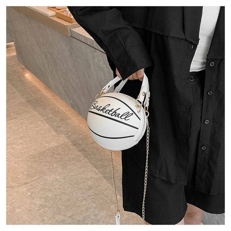Women's Shoulder Bag PU Leather Chain Funny Round Basketball Letters Printed Youth Handbag Purse Fashion Crossbody Messenger Bag Good Vibrations