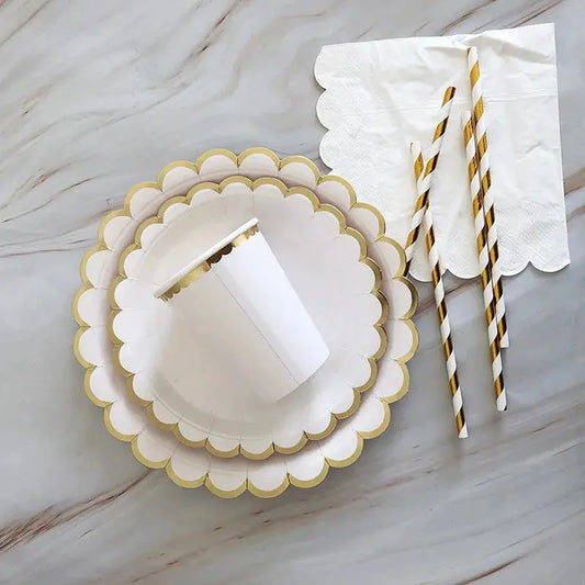 White Disposable Tableware Set Party Gold Paper Plate Wedding Necessitie Birthday Party Baby Shower Decorations Wedding Supplies Good Vibrations