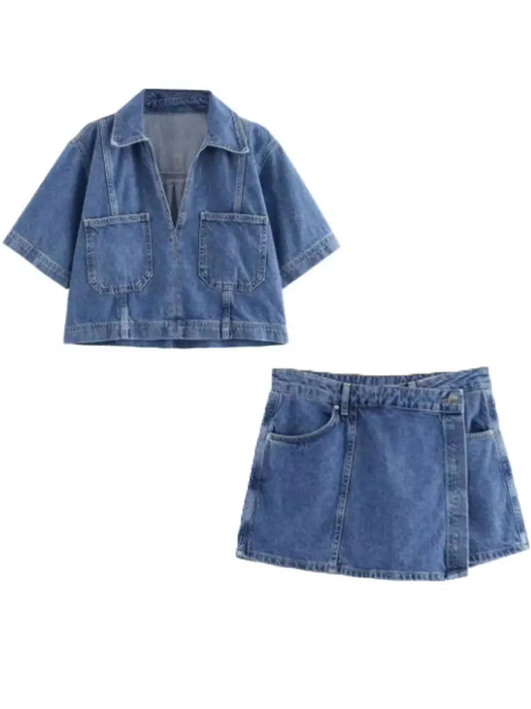 2025 Women's Fashion Flip Pocket Decoration Short Flip Collar Slim fit denim Top + Asymmetric Denim Skirt 2 Piece Set Good Vibrations