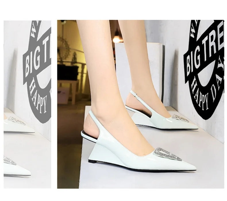 Wedges Women Shoes High Heel Shallow Pointed Toe Hollow Back Straps Patent Leather Triangle Metal Crystal Buckle Pumps Good Vibrations