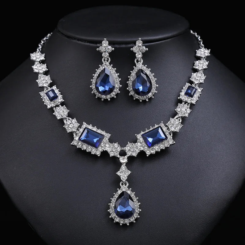 Bridal Jewelry Set Wholesale Silver Plated Red Green Blue Crystal Rhinestone Drop Earrings and Luxury Wedding Necklace for Women Good Vibrations