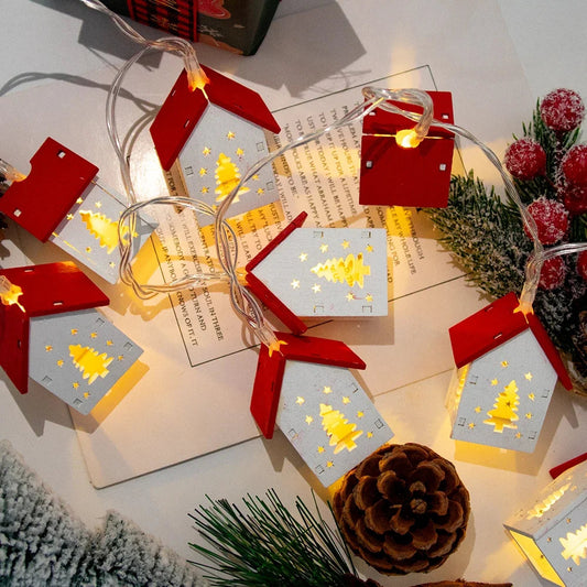 Christmas Wooden House LED String Light Xmas Tree Garland Home Fairy Lamp Merry Christmas Hanging Ornament 2025New Year Gift Noe Good Vibrations