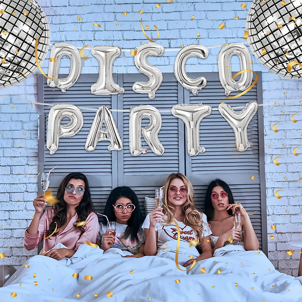 16-Piece 90s Retro Disco Theme Party Set: Silver Letter Foil Balloons & Musical Note Decorative Balloons Good Vibrations