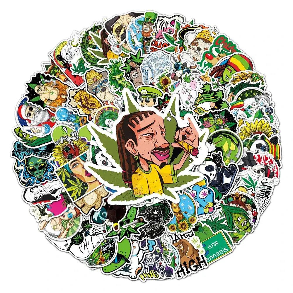 Cartoon weed stickers assortment for laptops and bikes.