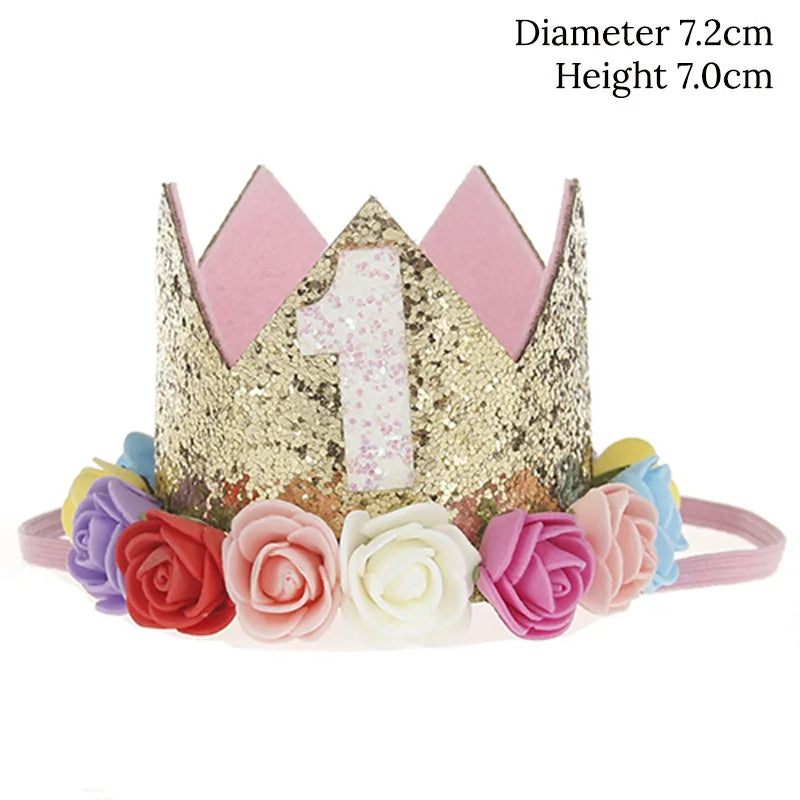 Baby Birthday Decoration Girl 1 2 3 Years Crown Hat Pink White Flower Sequins Crown 1st birthday Photo Prop Happy Birthday Gifts Good Vibrations