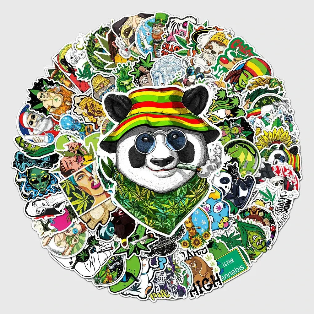 Funny smoking weed cartoon stickers featuring hemp leaves and characters, ideal for customizing laptops, luggage, and more.