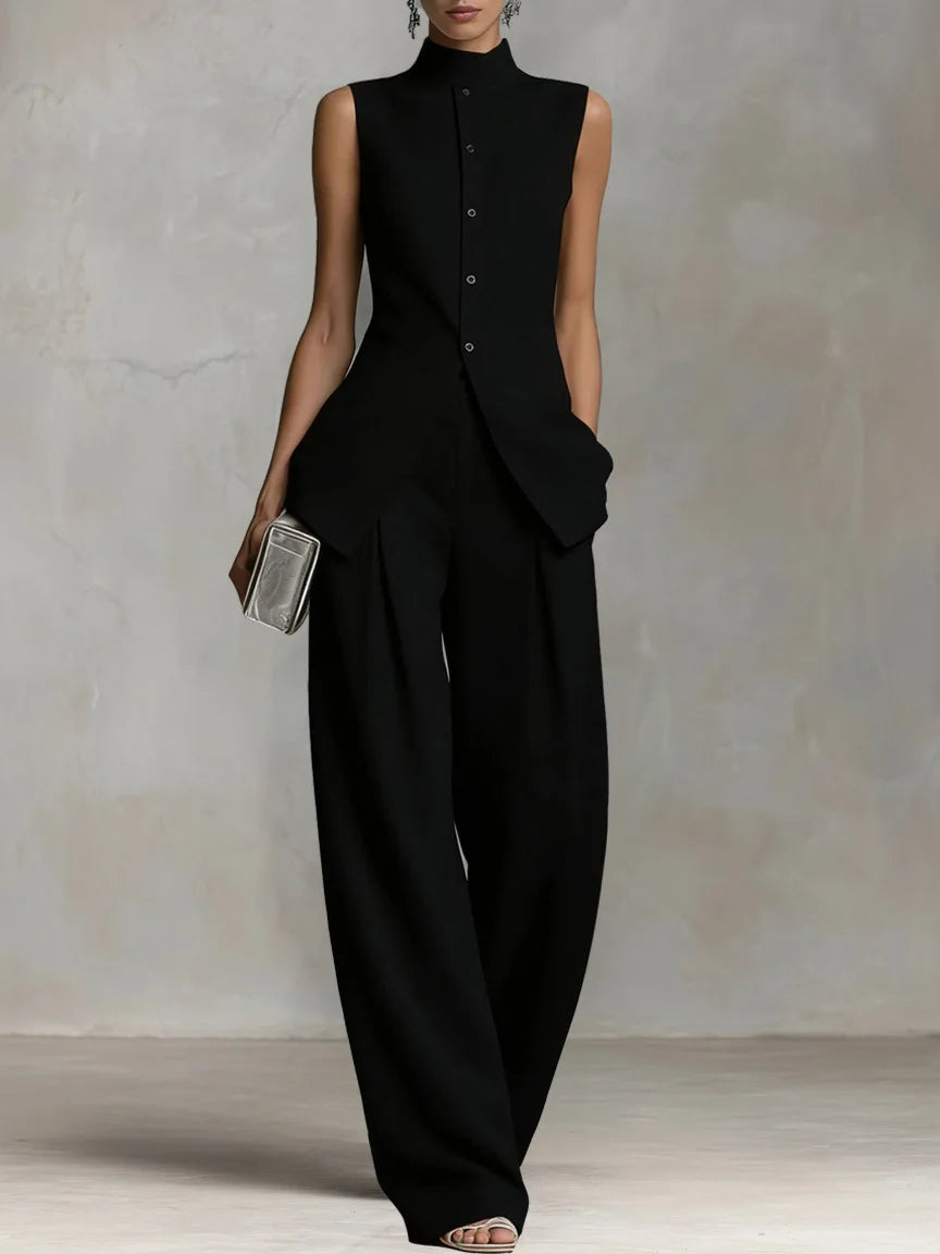 Women Fashion Black 2-Piece Outfit Sleeveless High Neck Button-Front Closure Vest High Waist Wide Leg Pants Elegant Formal Set Good Vibrations