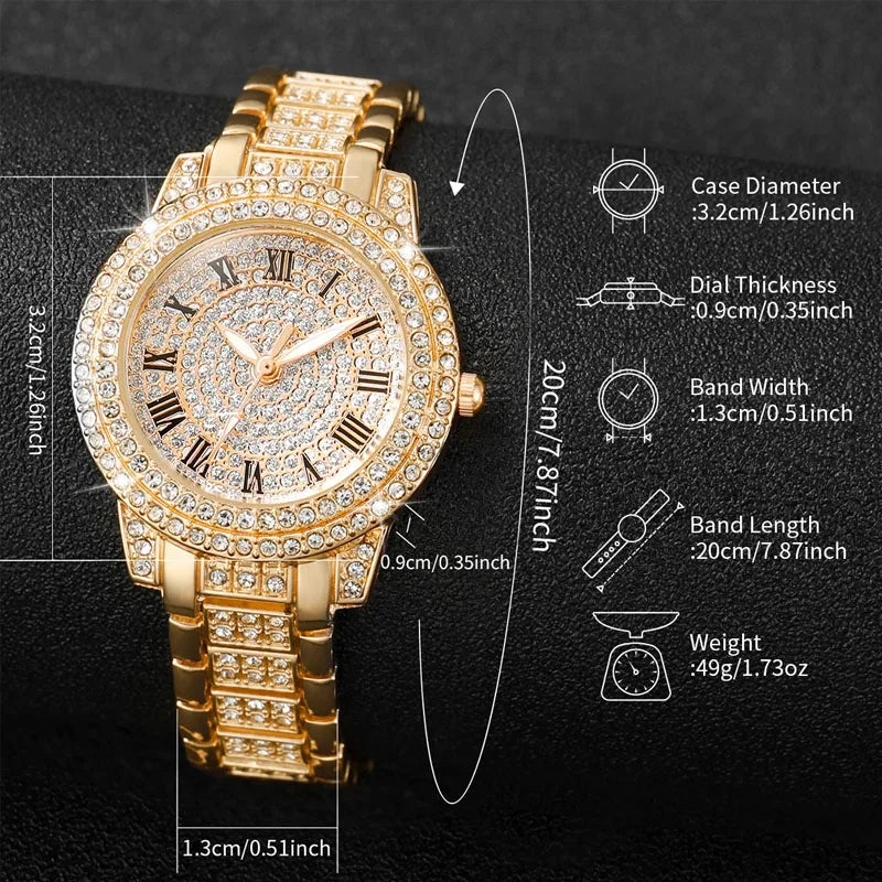 6PCS/Set Fashion Full Diamond Women's Watch Gold Steel Band Quartz Watches Diamond Jewelry Set Good Vibrations