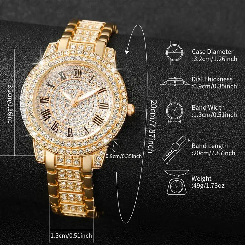 6PCS/Set Fashion Full Diamond Women's Watch Gold Steel Band Quartz Watches Diamond Jewelry Set Good Vibrations