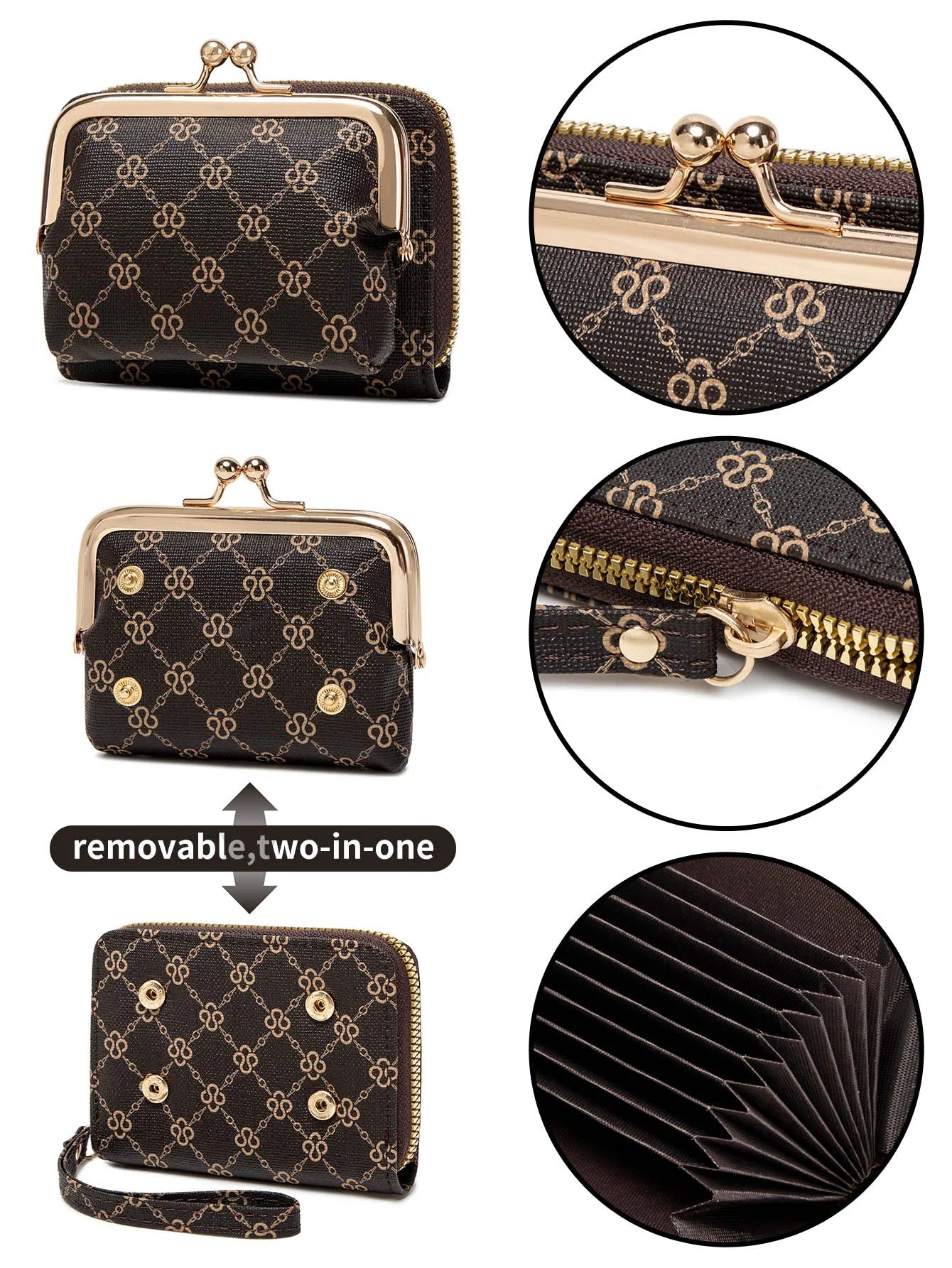 Women's Wallet Fashion Print Short Coin Purse Retro Multi-function Accordion Card Holder Money Clip with Wristband and Kiss Lock Good Vibrations