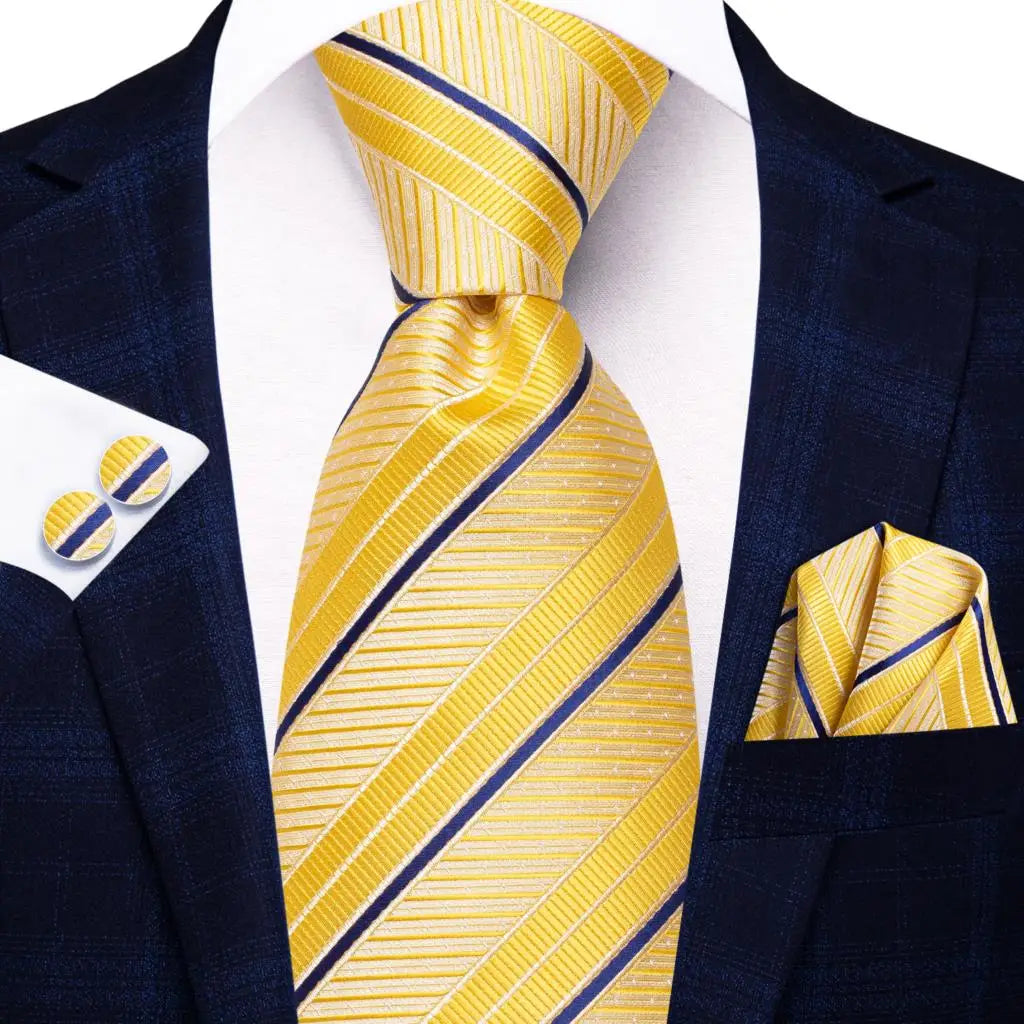 Hi-Tie Champagne Gold Striped Paisley Solid Men Silk Wedding Tie Fashion Design Necktie For Men Hanky Cufflink Business Party Good Vibrations