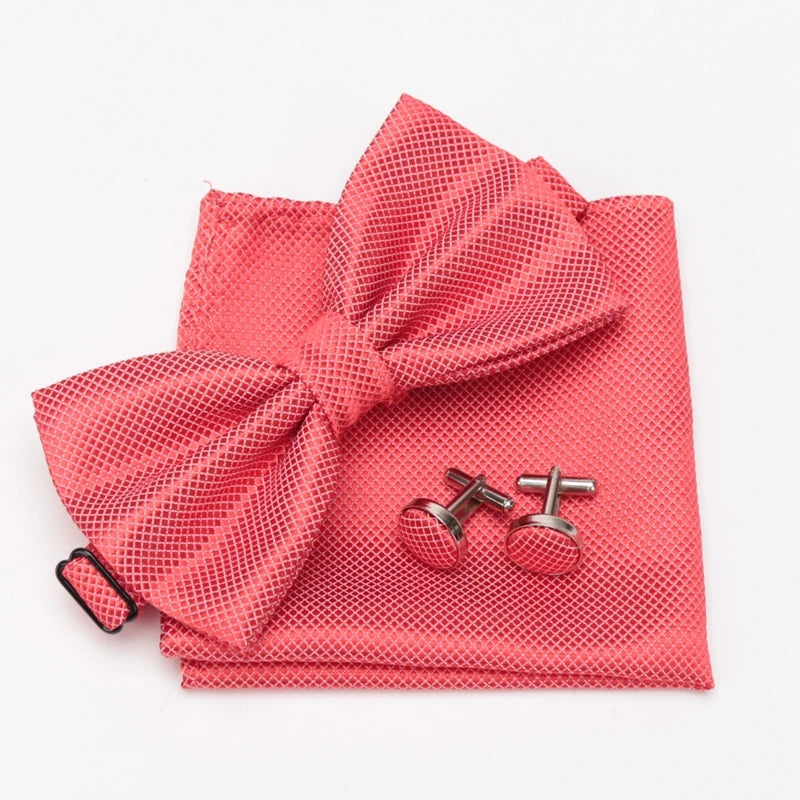 Men Bowtie Set 3pcs Plaids Classic Fashion Wedding Party Formal Cufflinks Bow Tie Handkerchief Cuff Links Lots Three Piece Set Good Vibrations