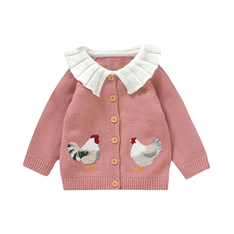 Toddler Baby Girl Sweater Cardigan Rooster Embroidery Doll Collar Long Sleeve Button Down Tops for Fall Winter 0-3Y Good Vibrations