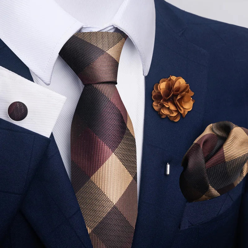 Luxury Mens Ties Floral Black Gold Ties Paisley NeckTie Pocket Square Cufflinks Brooch Set Men's Wedding Party Tie Good Vibrations
