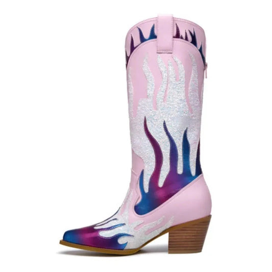 Women's Metallic Western Boots with Pointed Toe, Mid-calf To Knee-high Height, Sparkly and Colorful Design. Stylish Cowgirl Look Good Vibrations
