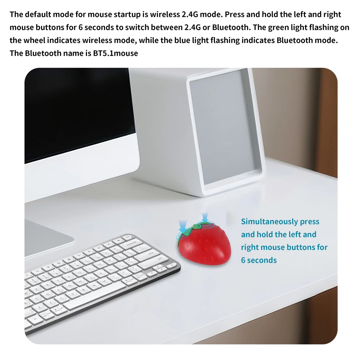 Wireless Cute Mouse 2.4G Bluetooth Dual-mode Strawberry Appearance Mute Button Light Weight Portable Office Use Gift For Girl Good Vibrations