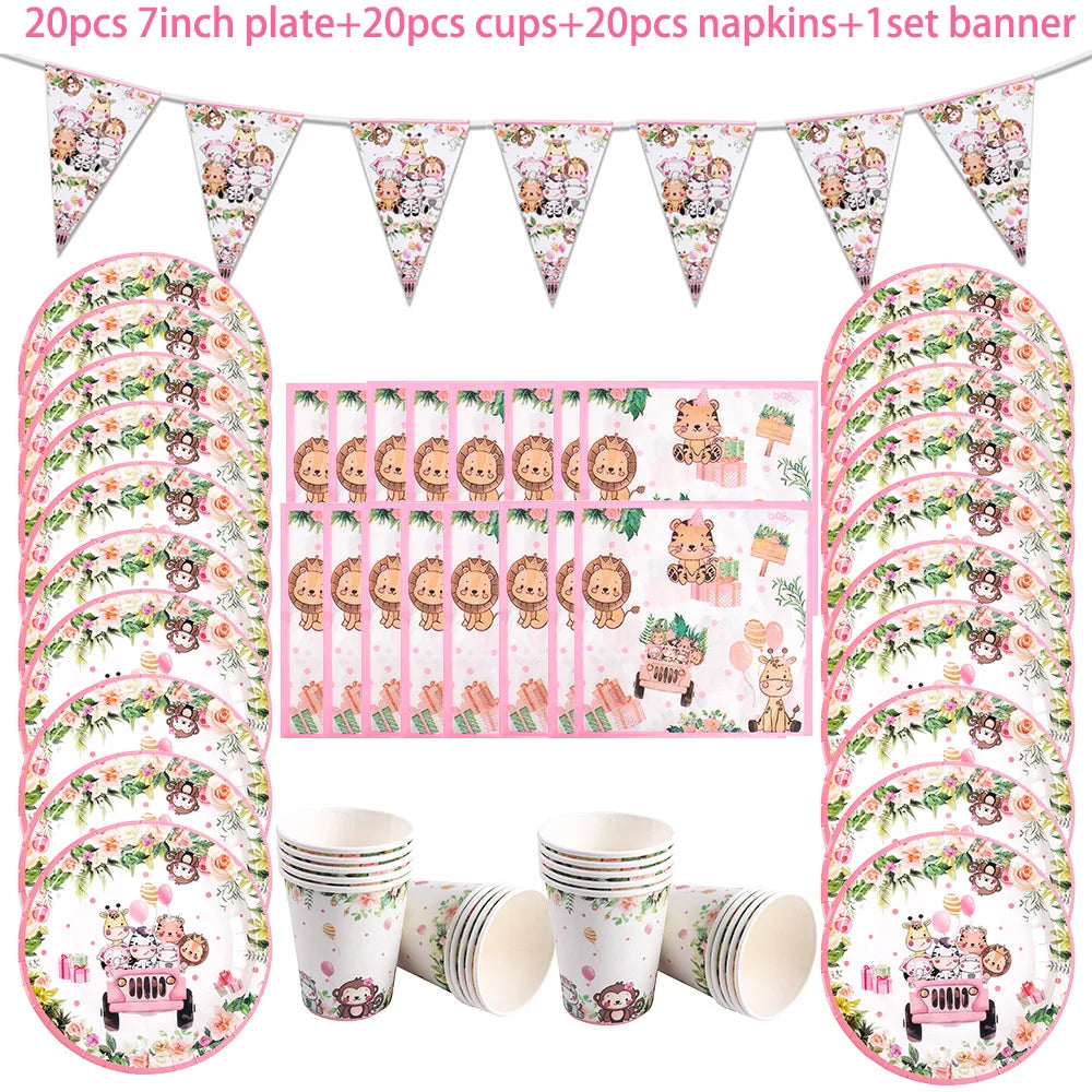 Pink Jungle Safari Birthday Decorations Animal Disposable Tableware Forest Woodland Baby Shower for Girl Birthday Party Supplies Good Vibrations