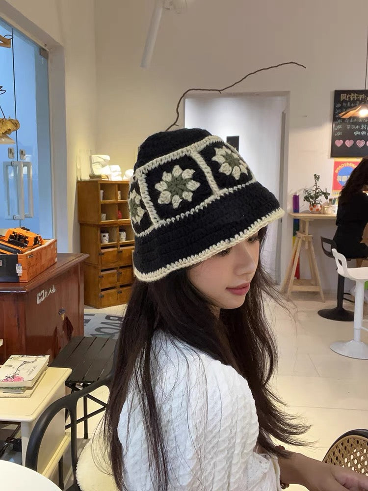 2024 Spring New Crochet Hat Korean Handmade Bucket Hat Women's Weaving Knitted Hat Y2k Fashion Flowers Autumn Winter Ins Beanies Good Vibrations