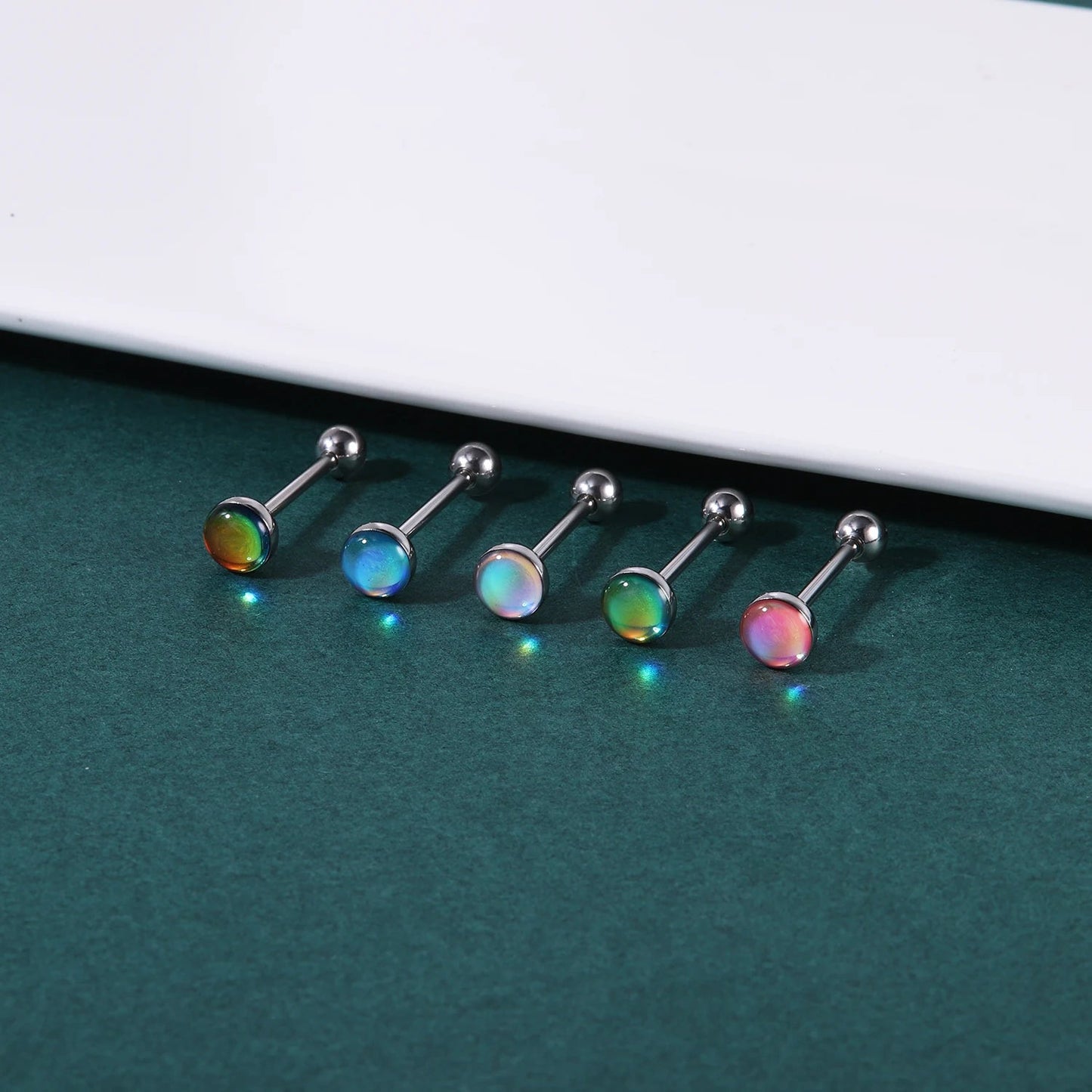 ZS 1Piece 14G Oil Luminescence Tongue Piercing Rings Stainless Steel Tongue Stud Skull Star Studs Earrings BCR Piercings Jewelry Good Vibrations Adult Super Store