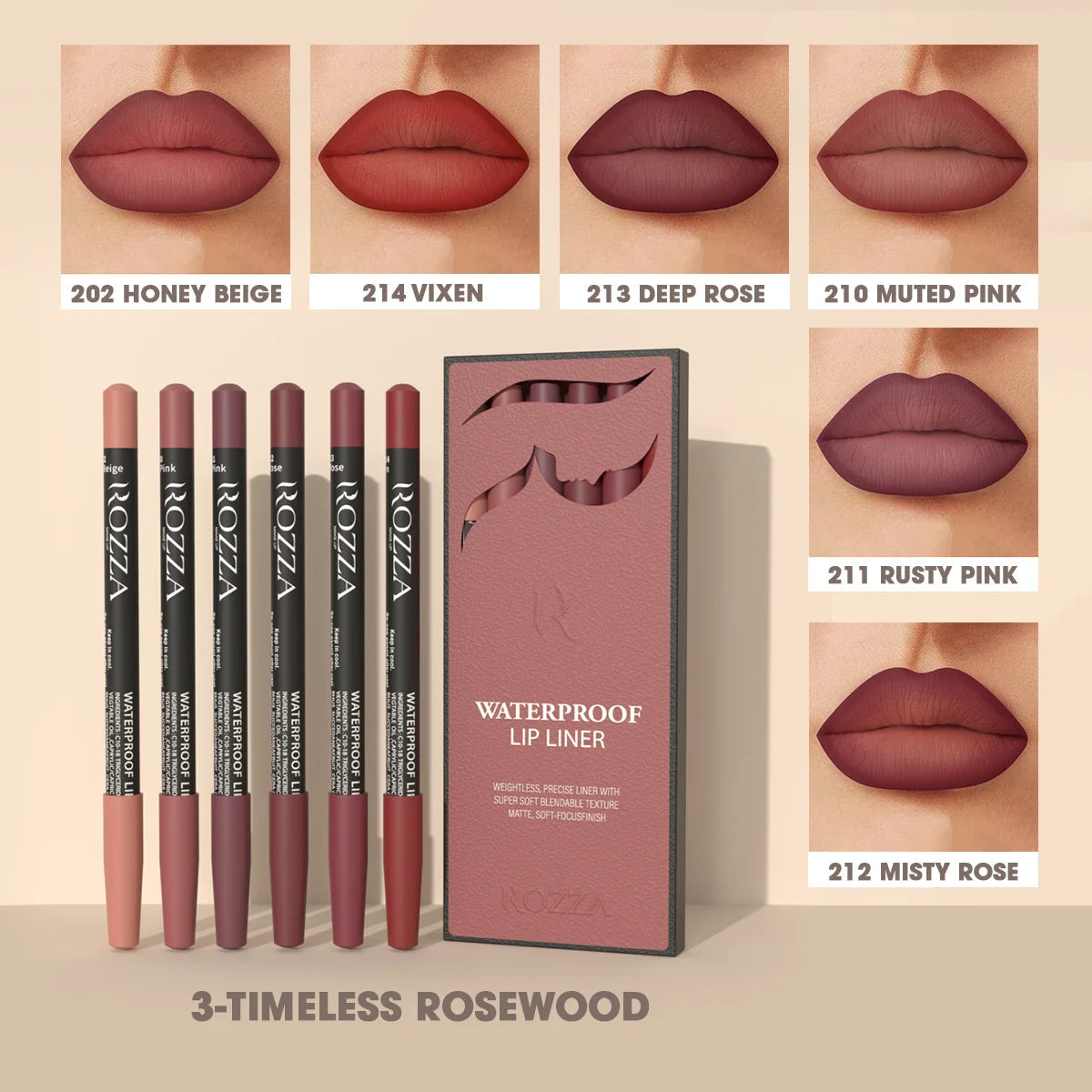 Rozza Waterproof Lip Liner Pencil Set, Weightless Precise Liner with Super Soft Blendable Texture Matte Soft Good Vibrations