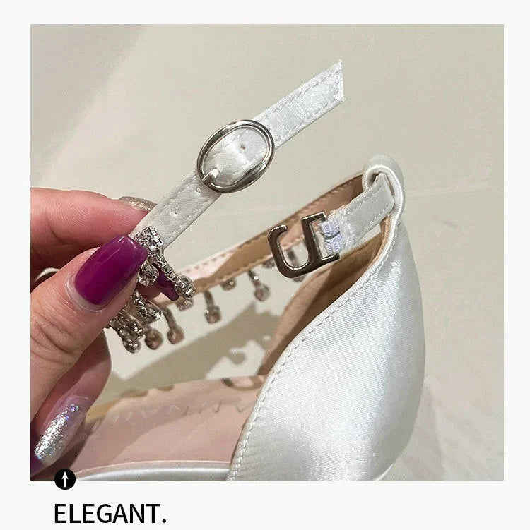 Comemore 2025 White Wedding Bridesmaid Shoes Satin Fashion Rhinestone Fringe Chain High Heels Black Temperament Elegance Pumps Good Vibrations