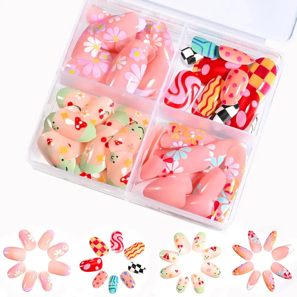 96Pcs Halloween Press on Nails Almond & Coffin Blood Red Nails with Skeleton Fake Nails Design Full Cover Artificial False Nails Good Vibrations