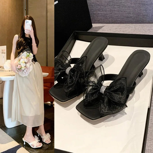 Women High Heels Shoes Lace Bow Square Toe Heel Lazy Sandals Fashion Slides Summer Outdoor Vacation High Heels Shoes for Women Good Vibrations