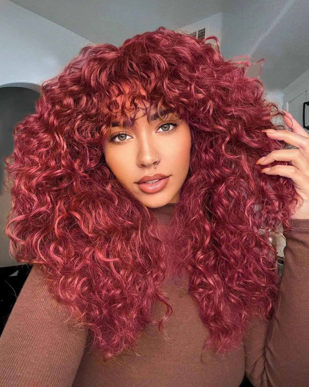 Glueless 200% Density 99J Burgundy Full Machine Made Deep Wave Wig with Bangs Water Wave Red Curly Human Hair Wigs Wear and Go Good Vibrations