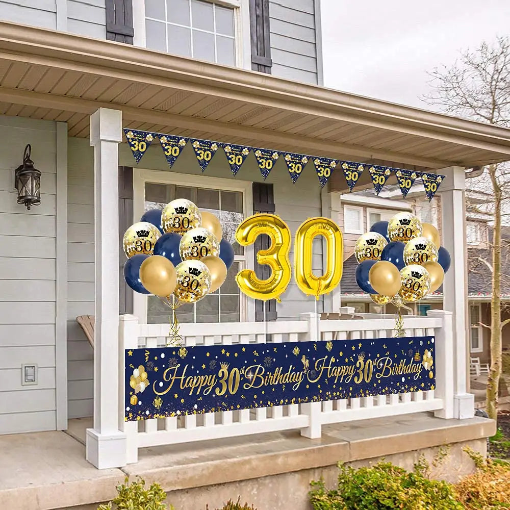 30th/40th/50th/60th/70th Birthday Decorations Men Women Birthday Balloon Garland Kit Happy Birthday Banner Blue Gold Balloon Good Vibrations