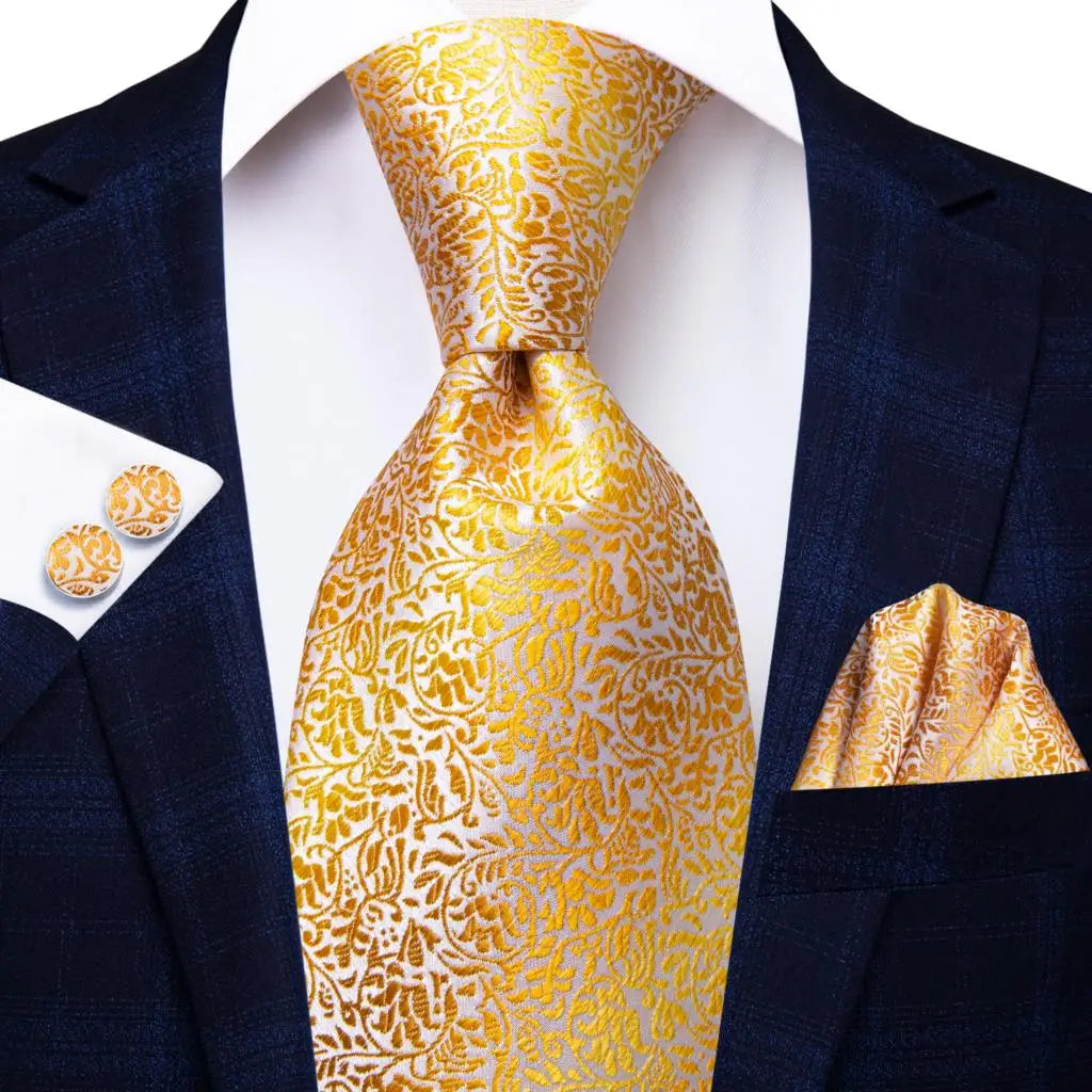 Hi-Tie Champagne Gold Striped Paisley Solid Men Silk Wedding Tie Fashion Design Necktie For Men Hanky Cufflink Business Party Good Vibrations