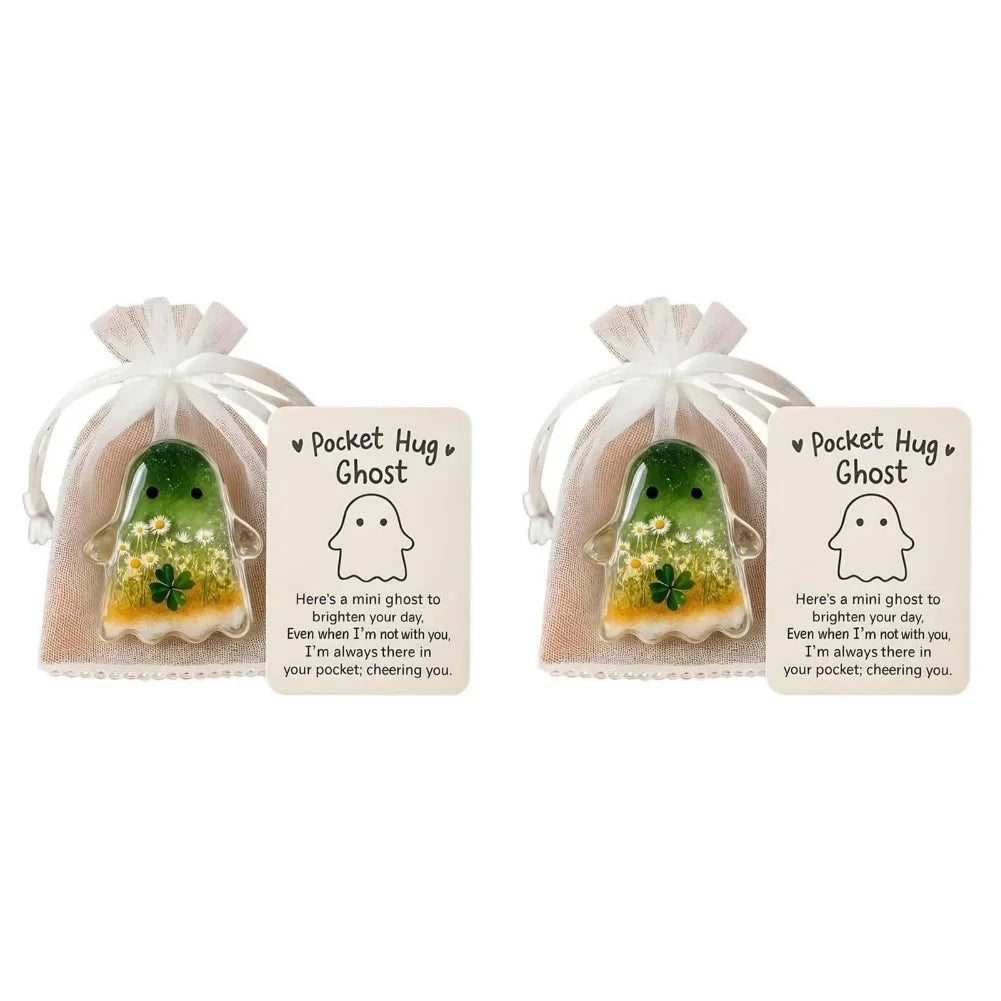 2Pcs Pockets Hug Ghost Halloween Acrylic Mini Ghosts Statue Inspirational Pocket Hug Ornaments With Positive Card For Party Gift Good Vibrations