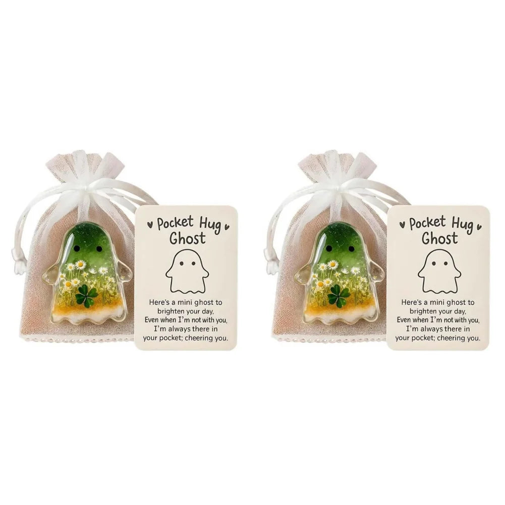 2Pcs Pockets Hug Ghost Halloween Acrylic Mini Ghosts Statue Inspirational Pocket Hug Ornaments With Positive Card For Party Gift Good Vibrations