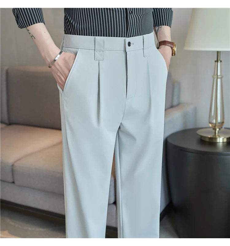 Men Straight Leg Suit Pants Summer Ice Silk Lightweight Elastic Waist Casual Loose Wide-leg Trousers Dress Pants Men Clothing