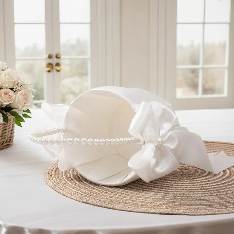 Flower Girl Basket Ring Bearer Pillow Set White Romantic Satin Bow Pearls Ring Pillow For Bride/Kid Wedding Ceremony Party Decor Good Vibrations