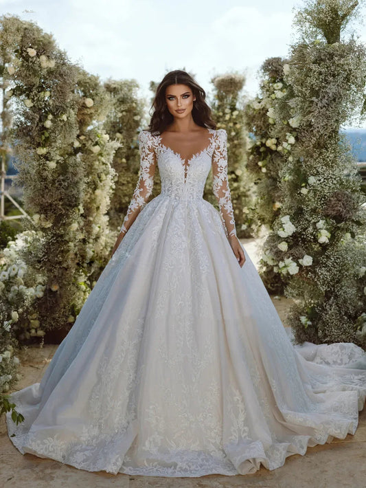 customized Elegant Wedding Dresses Woman Princess Ball Gown Scoop Neck Lace Applique Full Sleeves Bride Gown Vestido De Noiv Good Vibrations
