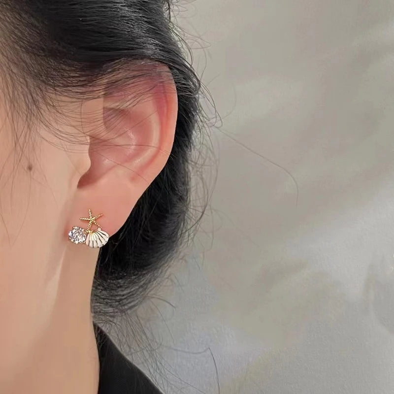 Fashion Asymmetric Ocean Style Earrings Stud For Women Starfish Shell Earring Ear Ring Imitation Pearl Zircon Jewelry Gift Good Vibrations