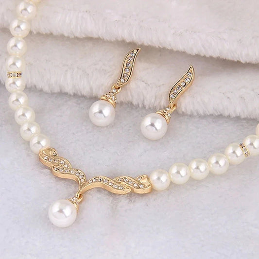Creative Gold Color Necklace + 1 Pair Earrings Wedding Bridal Pearl Jewelry Set For Women Lady Female Good Vibrations Adult Super Store