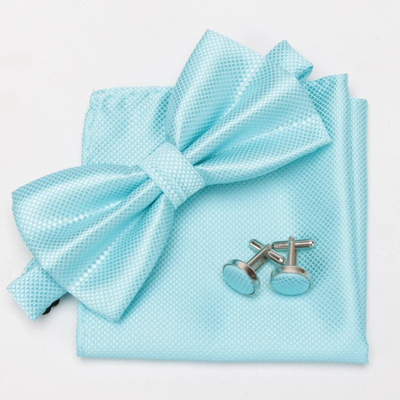 Men Bowtie Set 3pcs Plaids Classic Fashion Wedding Party Formal Cufflinks Bow Tie Handkerchief Cuff Links Lots Three Piece Set Good Vibrations