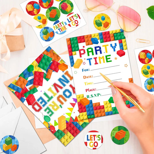 Building Blocks Birthday Invitations, Brick Party Invitation Card Building Birthday Invites with Stickers & Envelopes(24 Guests) Good Vibrations