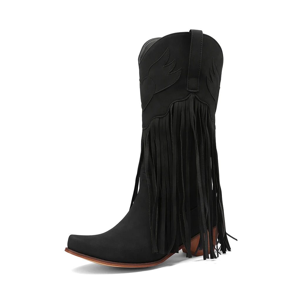 Women Mid-calf Cowboy Boots Retro Leather Tassel High Western Botas Winter Pointed Chunky Heels Booties Fashion Ladies Shoes Good Vibrations