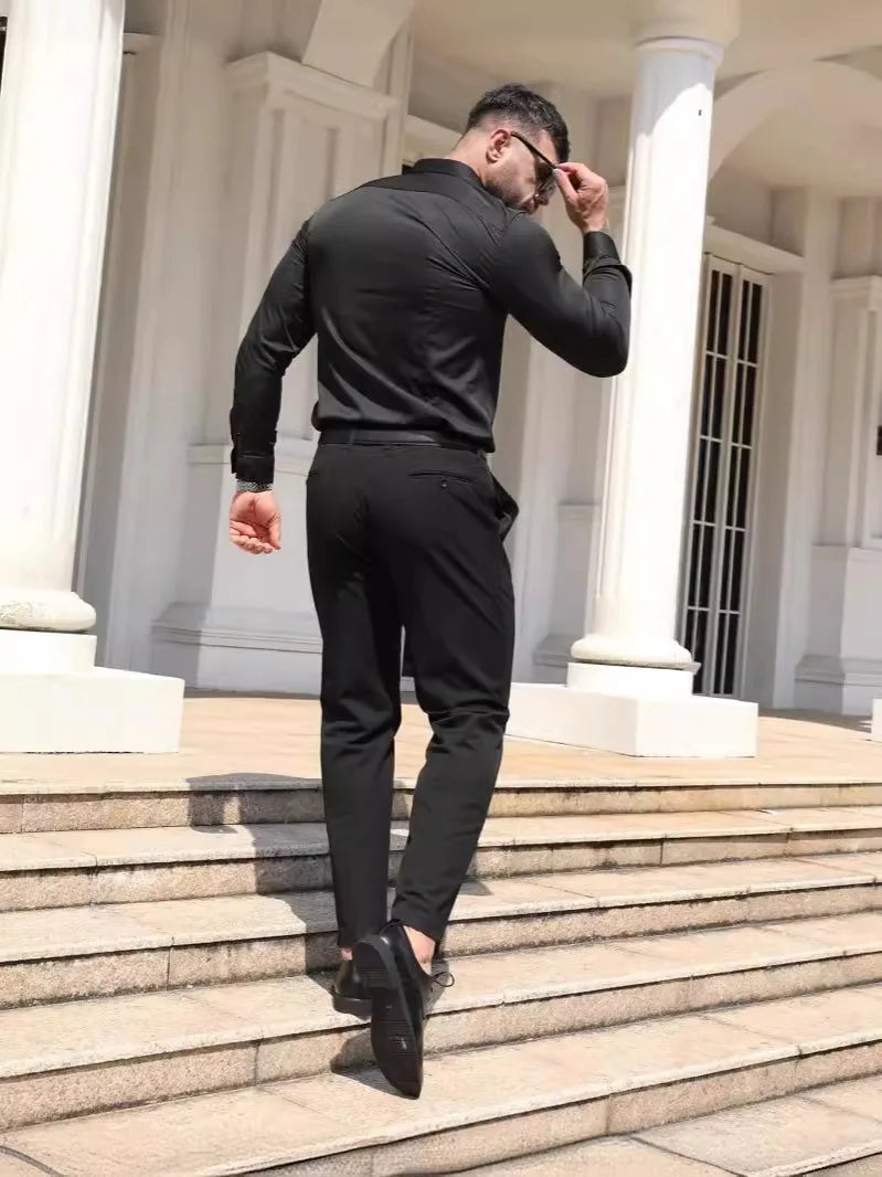 Men's formal shirt, summer long-sleeved, thin, business casual, breathable, no-iron, slimming, solid black color Good Vibrations