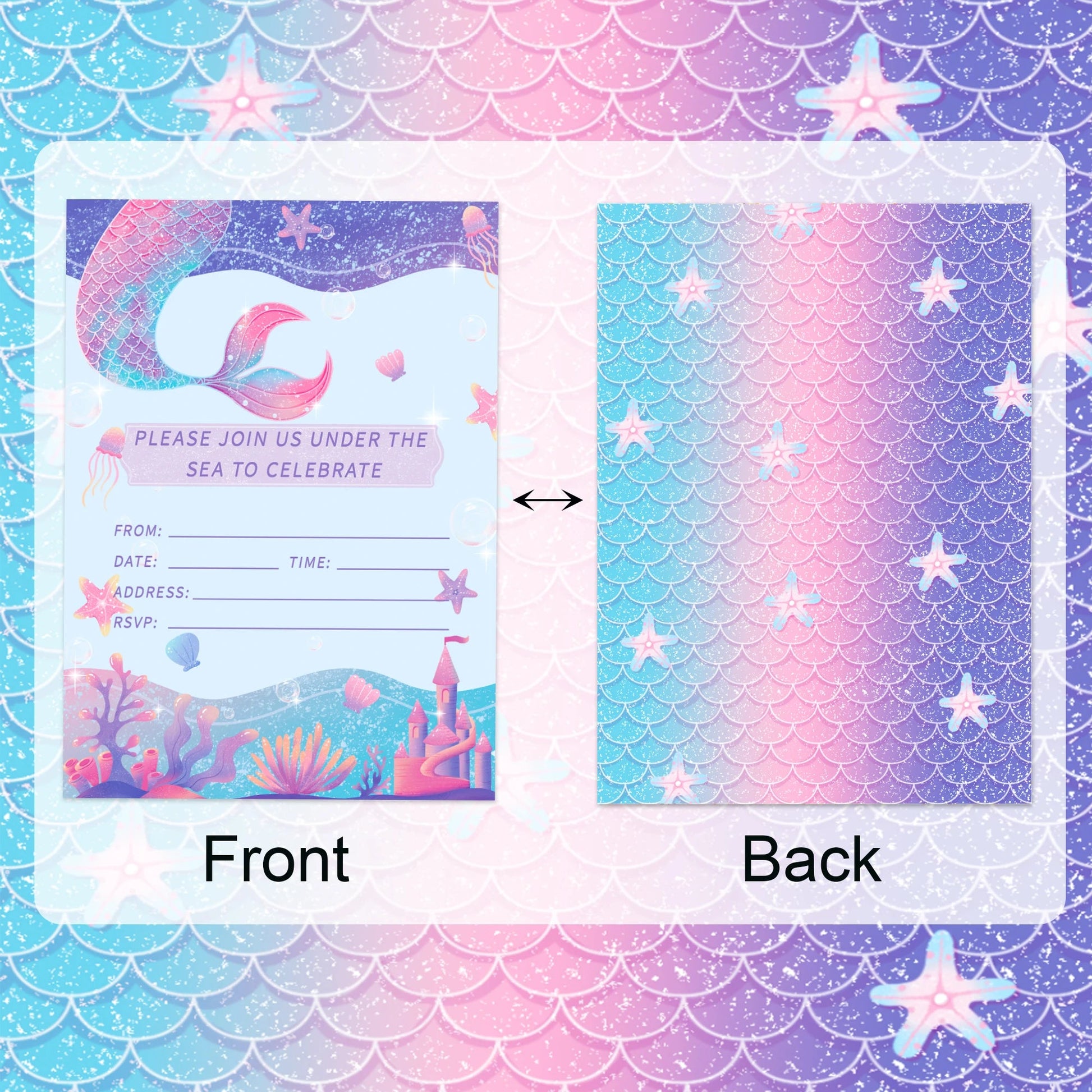 12pcs Cartoon Mermaid Shell Invitation Cards Purple Envelopes Star Stickers Girls Baby Shower Birthday Party Wedding Supplies Good Vibrations