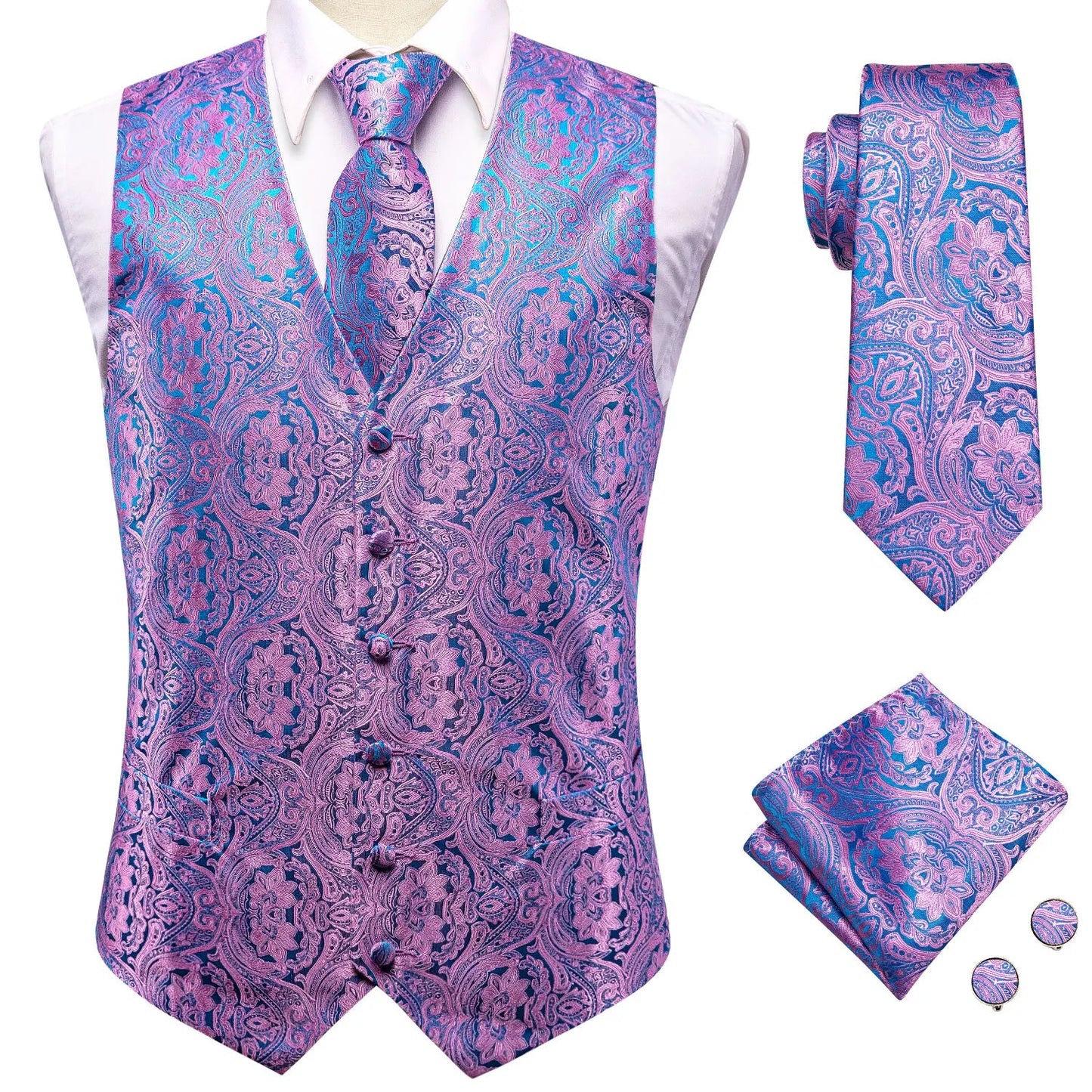 Hi-Tie Black Men Silk Vest Paisley Jacquard Necktie Hankerchief Cufflinks Sets Male Sleeveless V-Neck Waistcoat Business Formal Good Vibrations