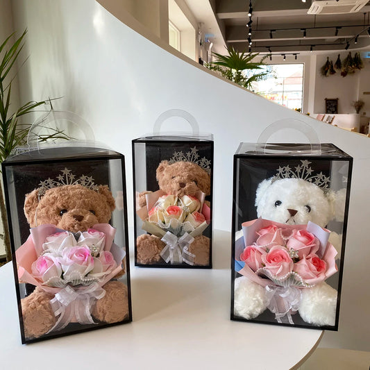 1PC Rose Flower Bouquet Plush Bear Gift Box Eternal Flower Bouquet Mother's Day Gifts Wedding Birthday Party Decor Accessories Good Vibrations
