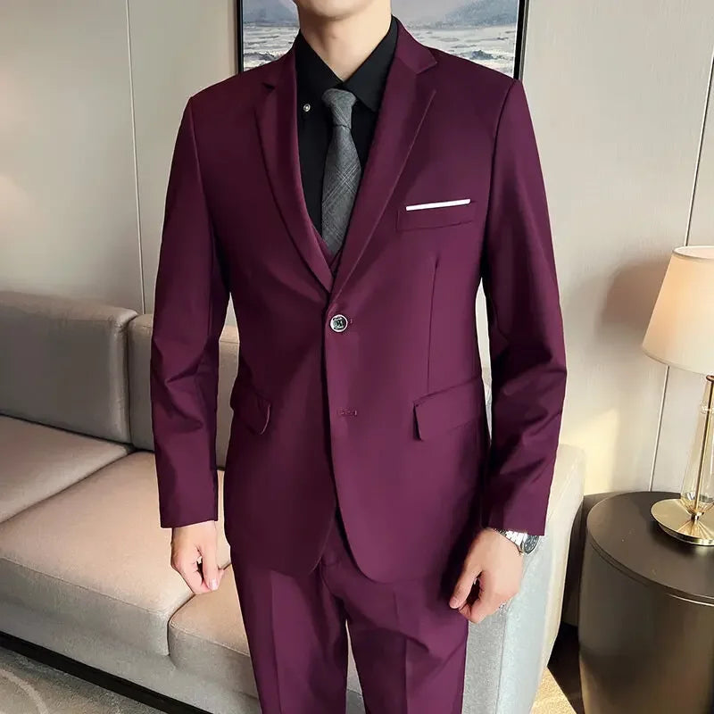 Suit (suit +Vest+Pants) Formal Business Men Four Seasons Professional Fashion Gentleman Solid Color Outdoor British Style Suit Good Vibrations