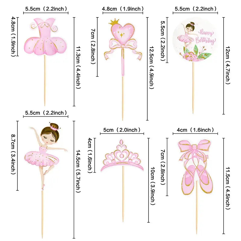 Pink Ballerina Girl Cake Topper Toppers Crown Dress Kids Happy Birthday Wedding Party Baby Shower Baking Cake Dessert DIY Decor Good Vibrations